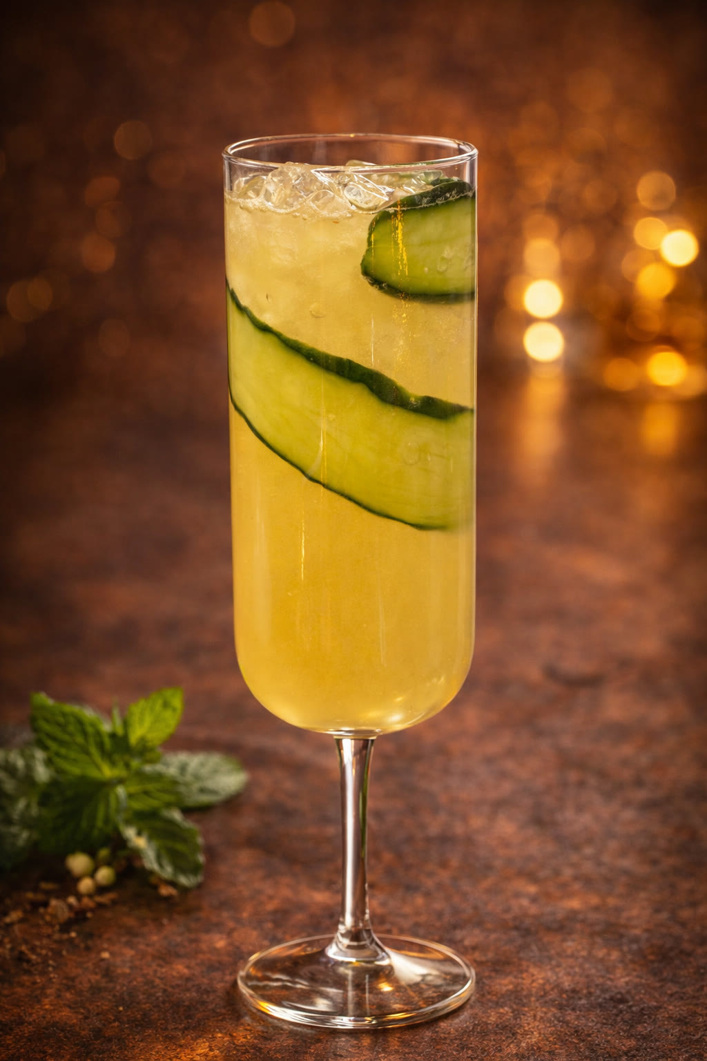 La Divina — cucumber tequila cocktail in flute glass with gold bokeh