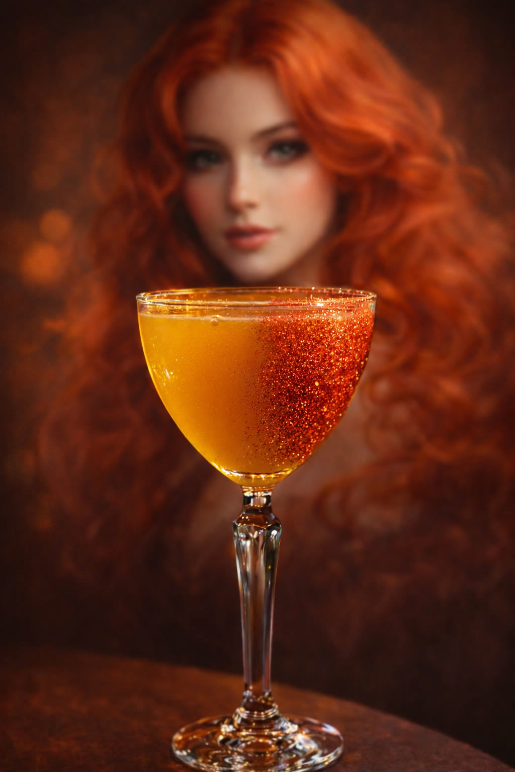 Pelirroja — amber tequila cocktail with gold rim and bokeh background