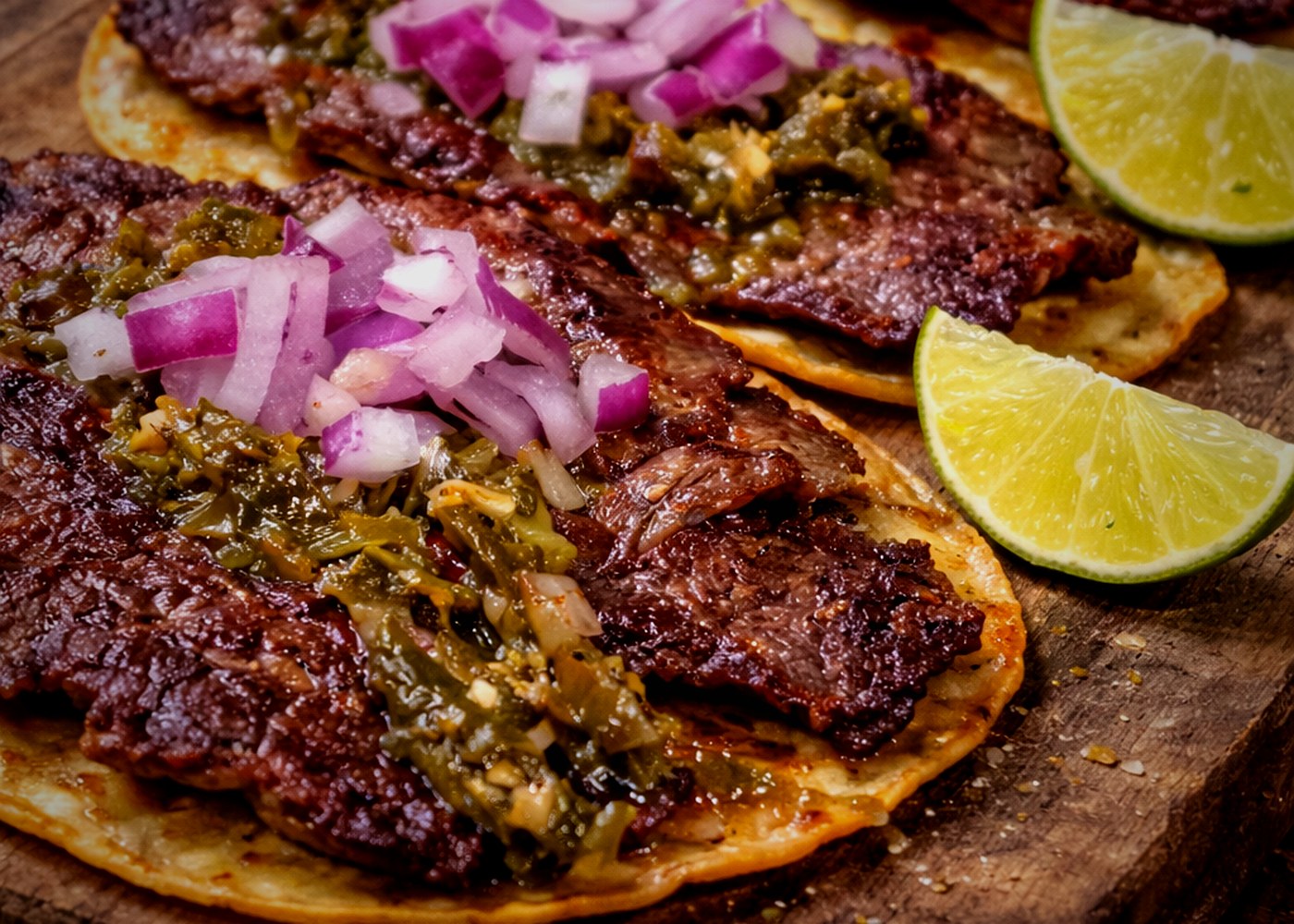 Ribeye tacos on corn tortillas with roasted salsa and lime